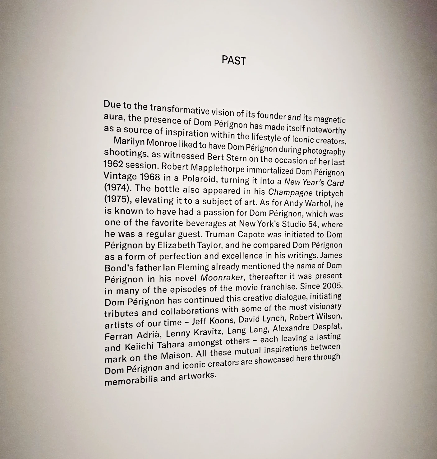 Dom Pérignon exhibition text about its influence on artists and cultural figures