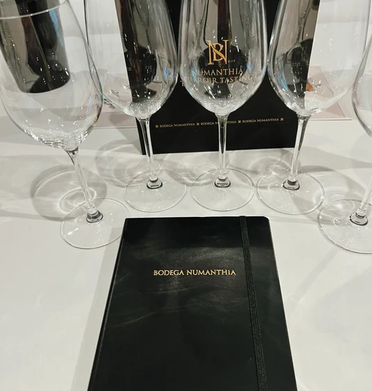 Wine glasses and a Bodega Numanthia tasting notebook on a white table