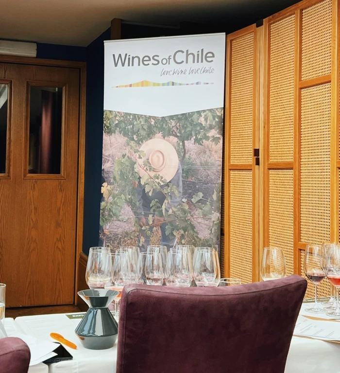 Wine tasting table with glasses beneath a Wines of Chile banner