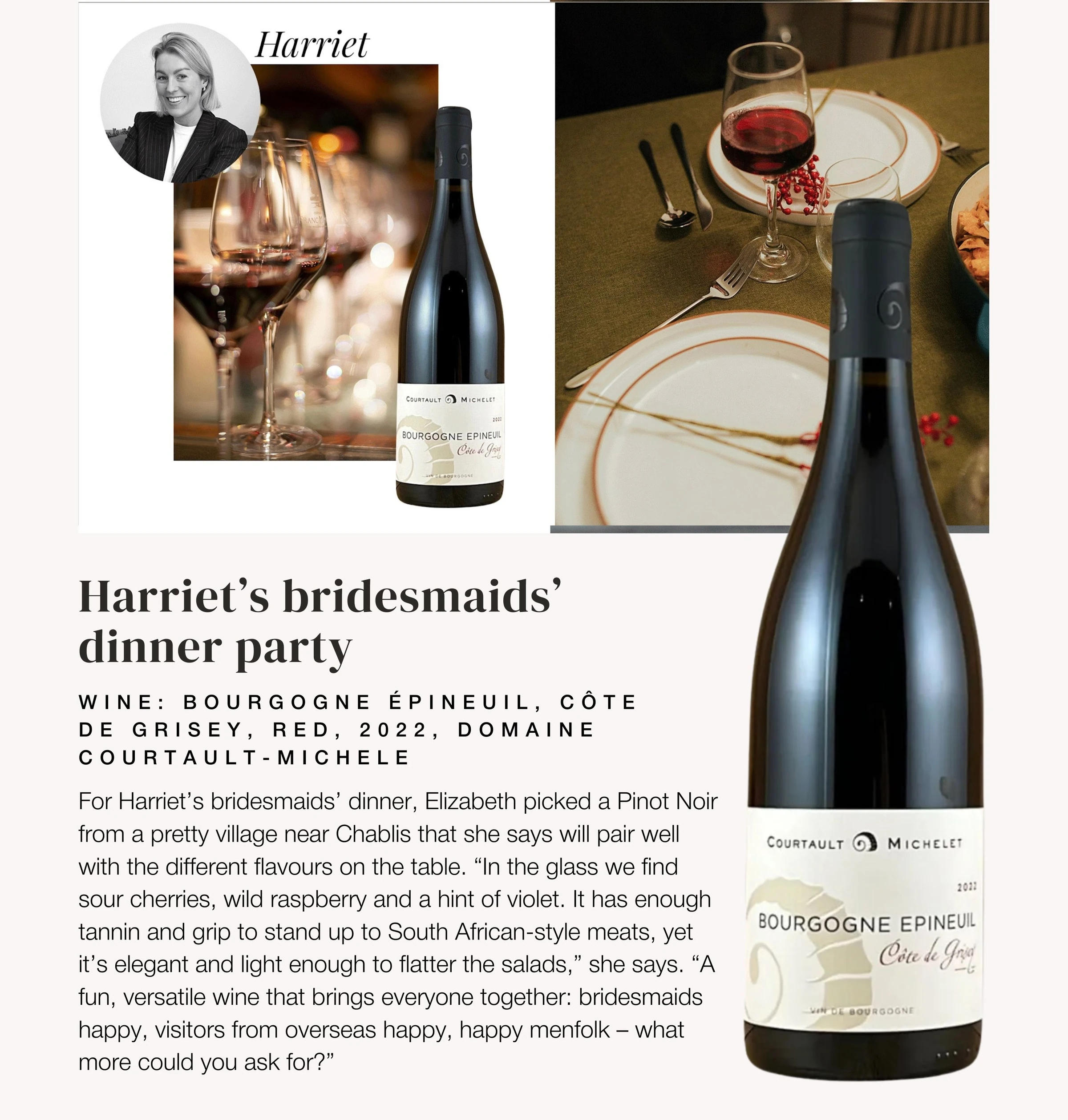 Editorial page about Harriet's bridesmaids' dinner party, featuring Burgundy wine and a dressed dinner table