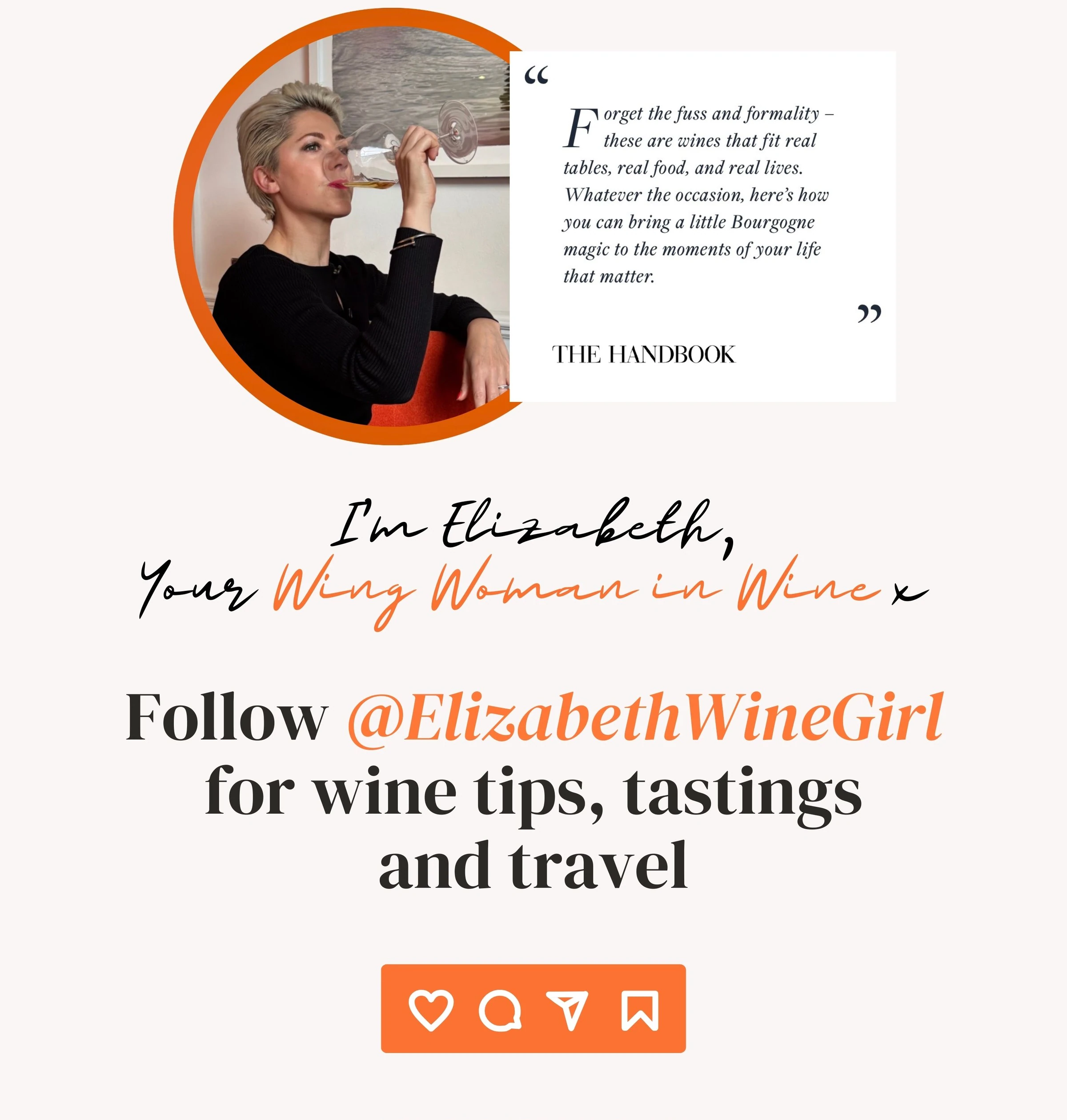 Promotional graphic with a woman tasting wine and text about wine tips, tastings and travel