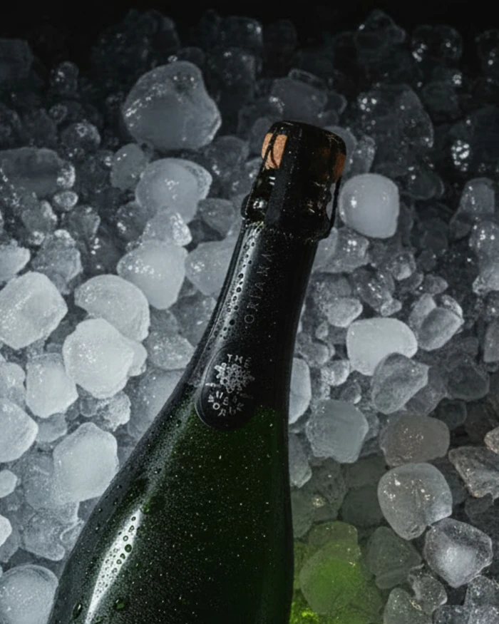 Close-up of a sparkling wine bottle resting in crushed ice