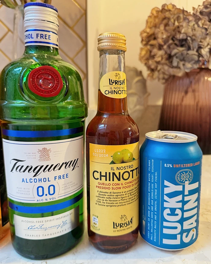 Three alcohol-free drinks, including Tanqueray 0.0, Lurisin Chinotto and Lucky Saint lager