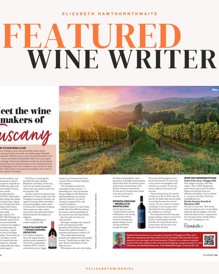 Platinum magazine feature about Elizabeth Hawthornthwaite and Tuscan wine makers