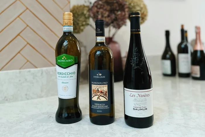 Three wine bottles, Moncaro Verdicchio, Teruzzi Rondolino and Les Nivières Cabernet Franc Saumur