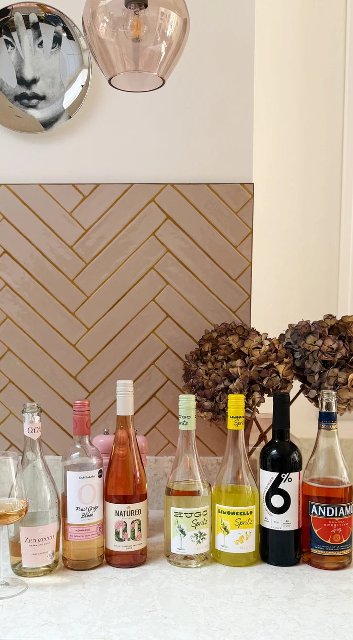Alcohol-free and low-alcohol drinks displayed on a marble counter