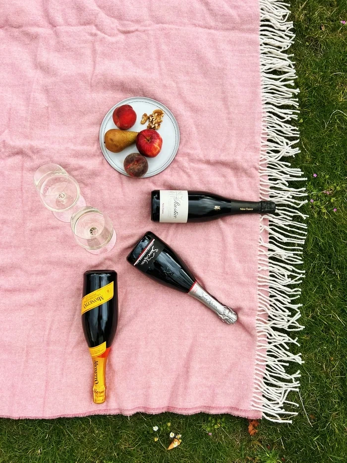 Three Prosecco bottles, two wine glasses and fruit arranged on a pink blanket on grass
