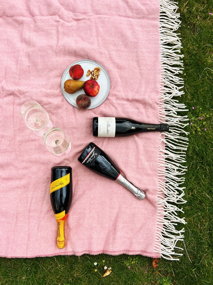 Three Prosecco bottles, two wine glasses and fruit arranged on a pink blanket on grass
