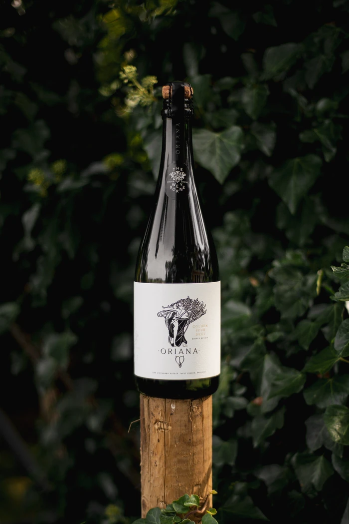 Oriana Golden Spur Brut bottle displayed against leafy greenery