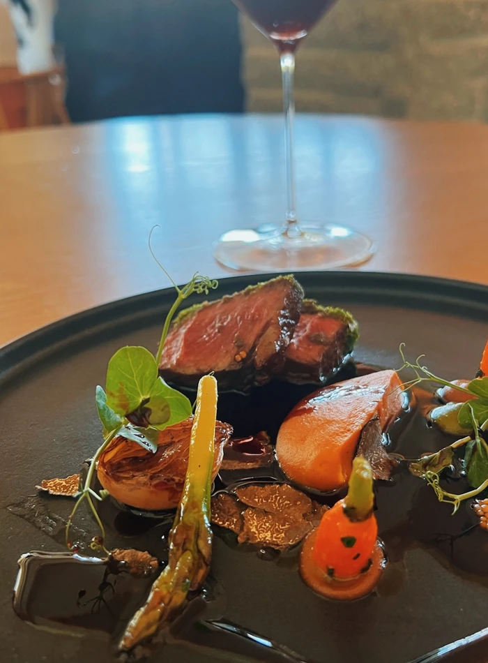 Fine dining plate of sliced meat, vegetables and microgreens beside a glass of red wine