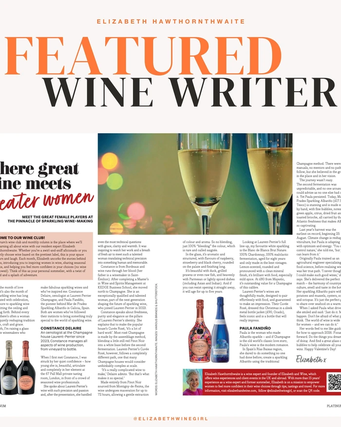 Magazine spread featuring Elizabeth Hawthornthwaite as a featured wine writer