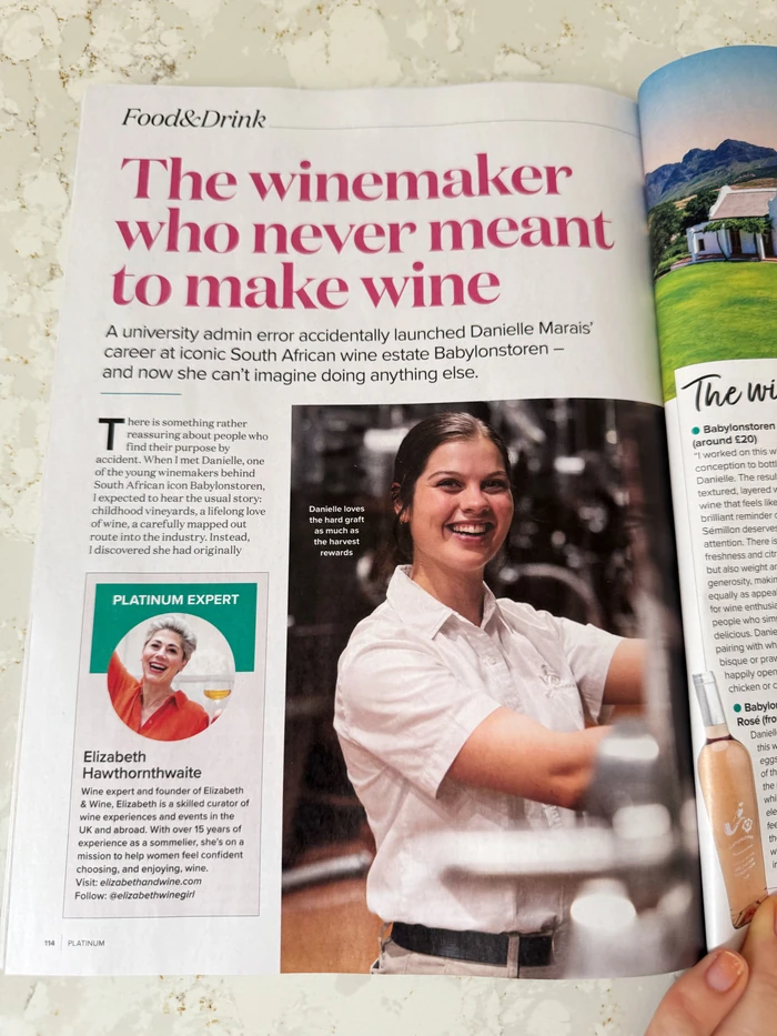Open Platinum magazine featuring an article about a South African winemaker and Elizabeth Hawthornthwaite