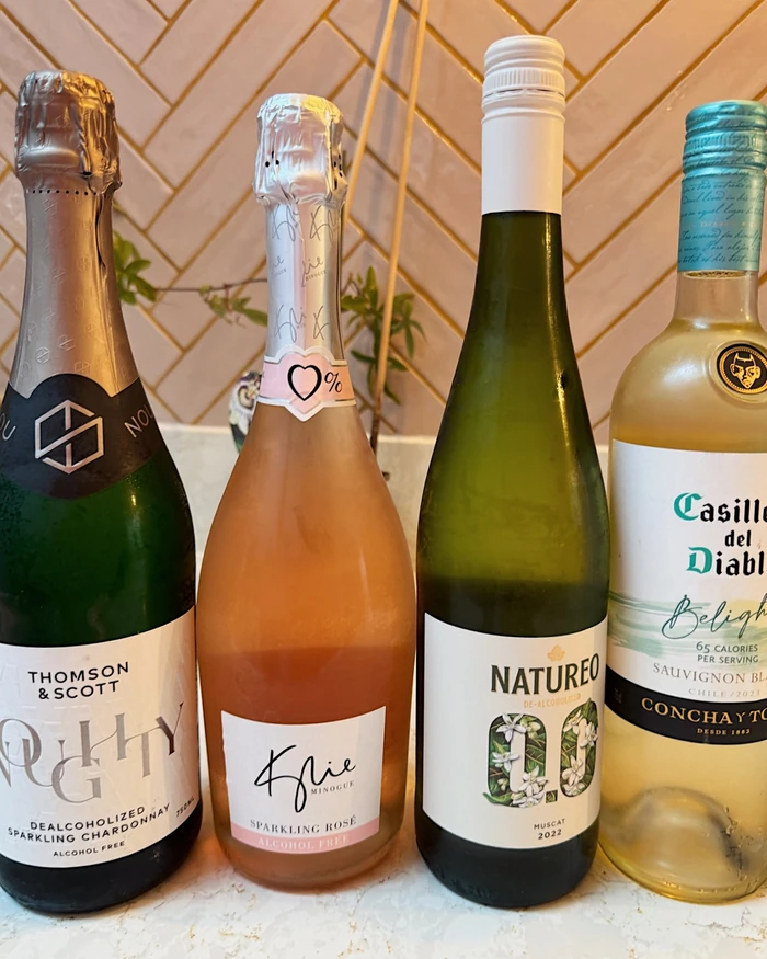 Four bottles of alcohol-free wine, including sparkling, rosé, white and Sauvignon Blanc