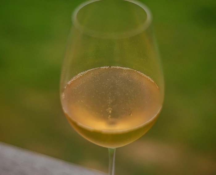 Close-up of pale sparkling wine in a stemmed glass