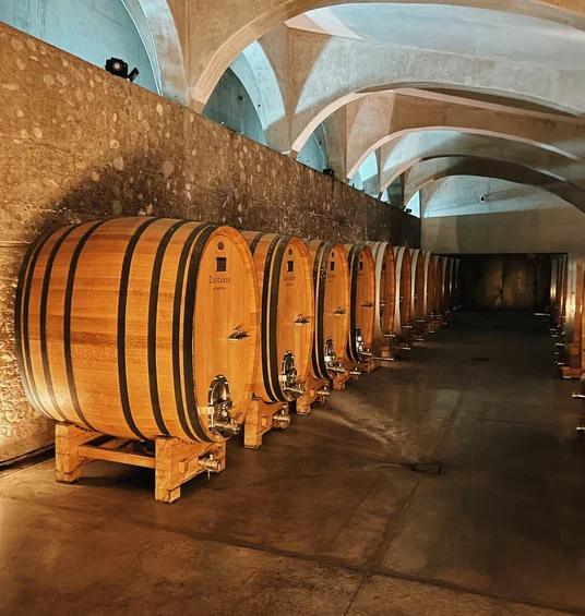 Rows of wooden wine barrels beneath vaulted stone ceilings