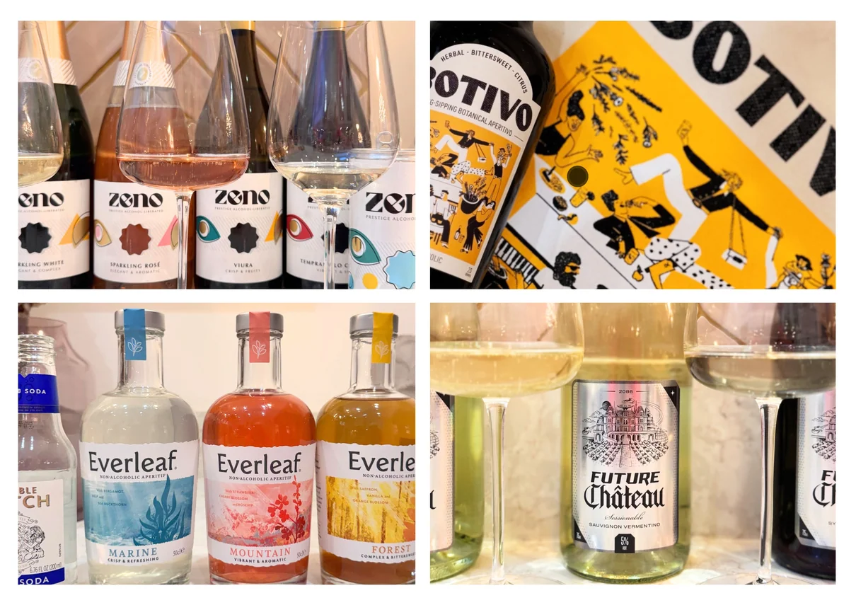 Alcohol-free wine bottles and glasses displayed in a tasting flight
