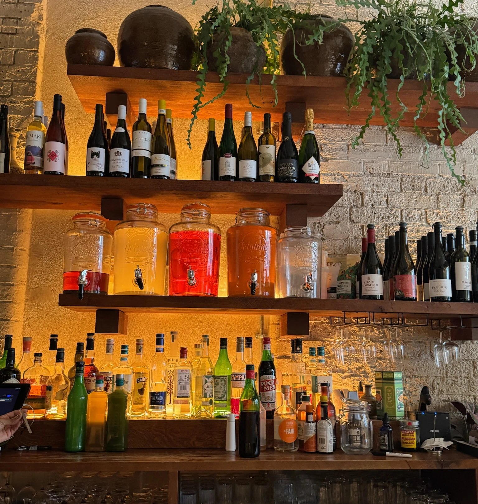Warmly lit bar shelves displaying wine bottles, colourful drinks dispensers, spirits and hanging glassware