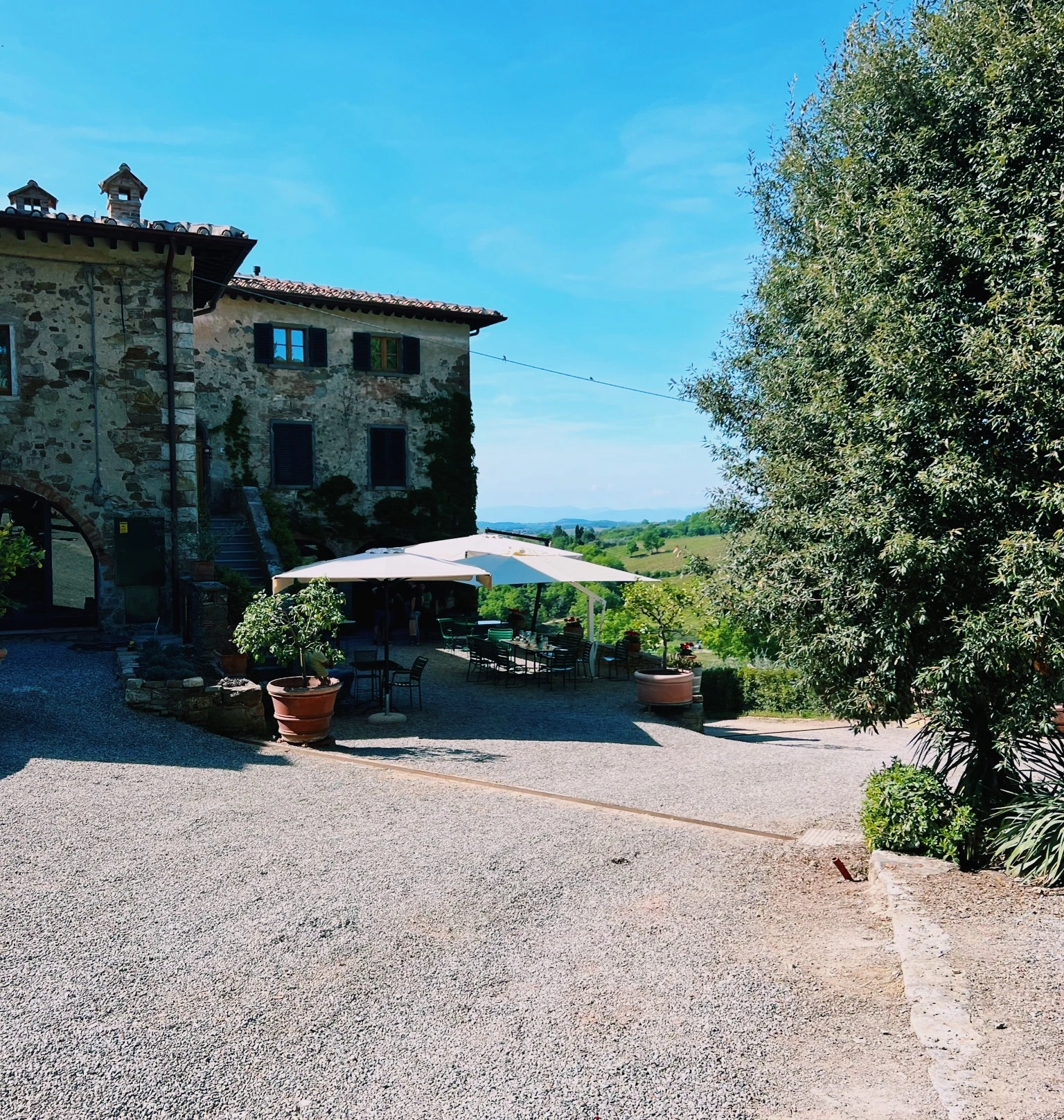 Savignola's stone farmhouse and shaded terrace overlooking the Tuscan countryside