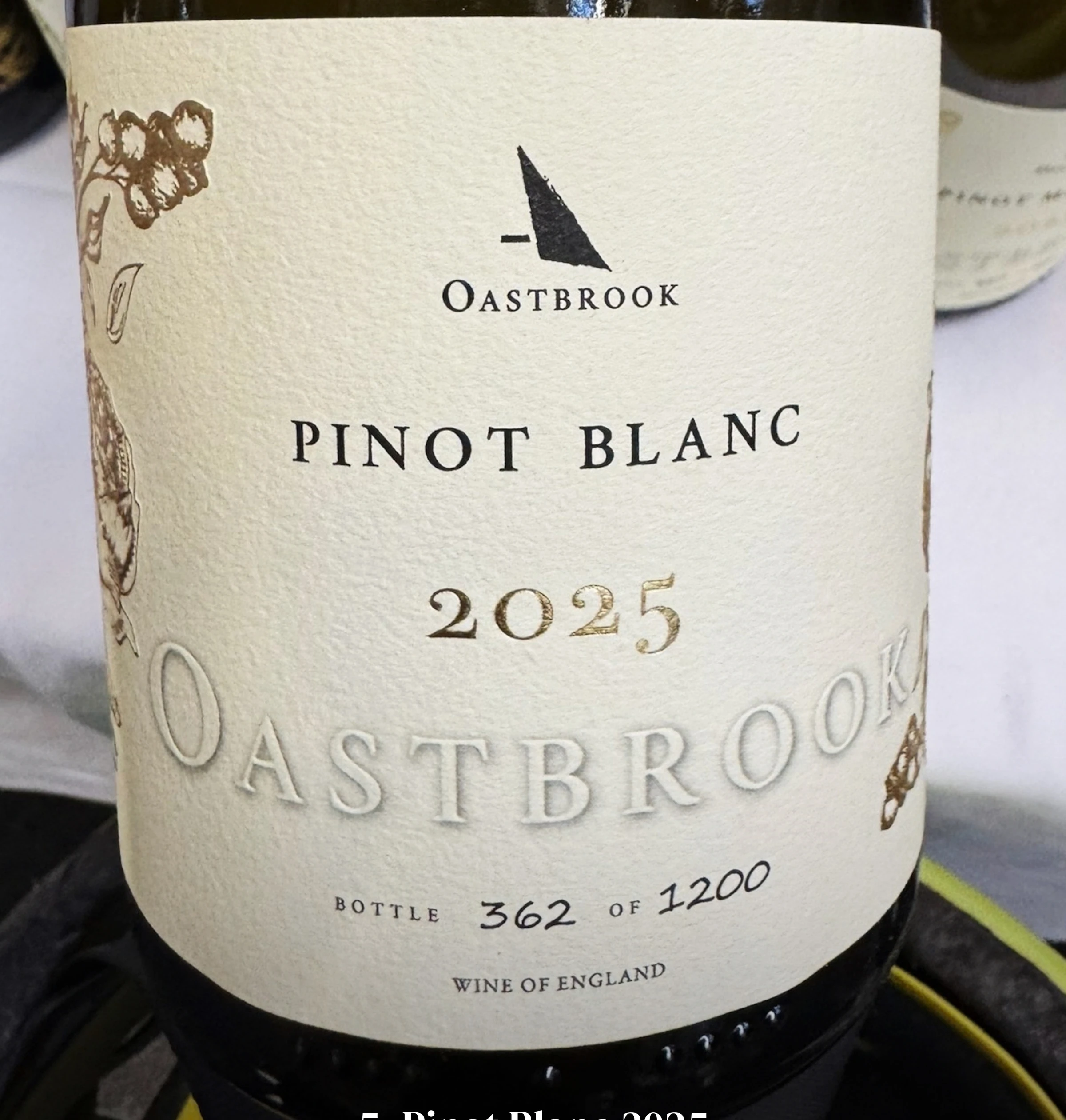 Oastbrook Pinot Blanc 2025 wine bottle, labelled Wine of England, with text naming it as number five from Sussex.