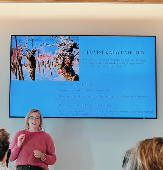 Sarah Abbott MW presents a slide titled ‘Old Vines, New Category’ at an old vines conference in Italy
