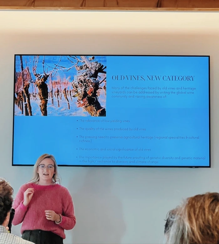 Sarah Abbott MW presents a slide titled ‘Old Vines, New Category’ at an old vines conference in Italy