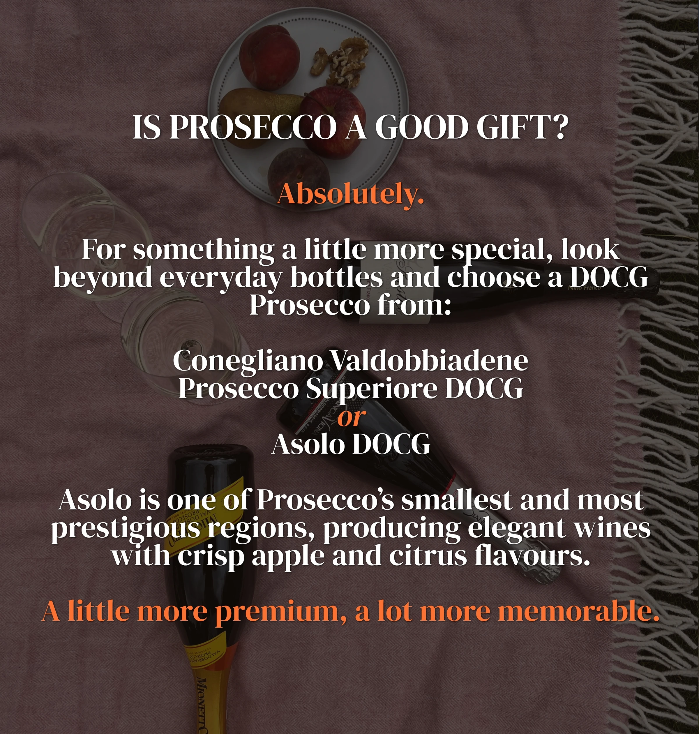 Graphic about Prosecco as a gift, recommending Conegliano Valdobbiadene Prosecco Superiore DOCG or Asolo DOCG