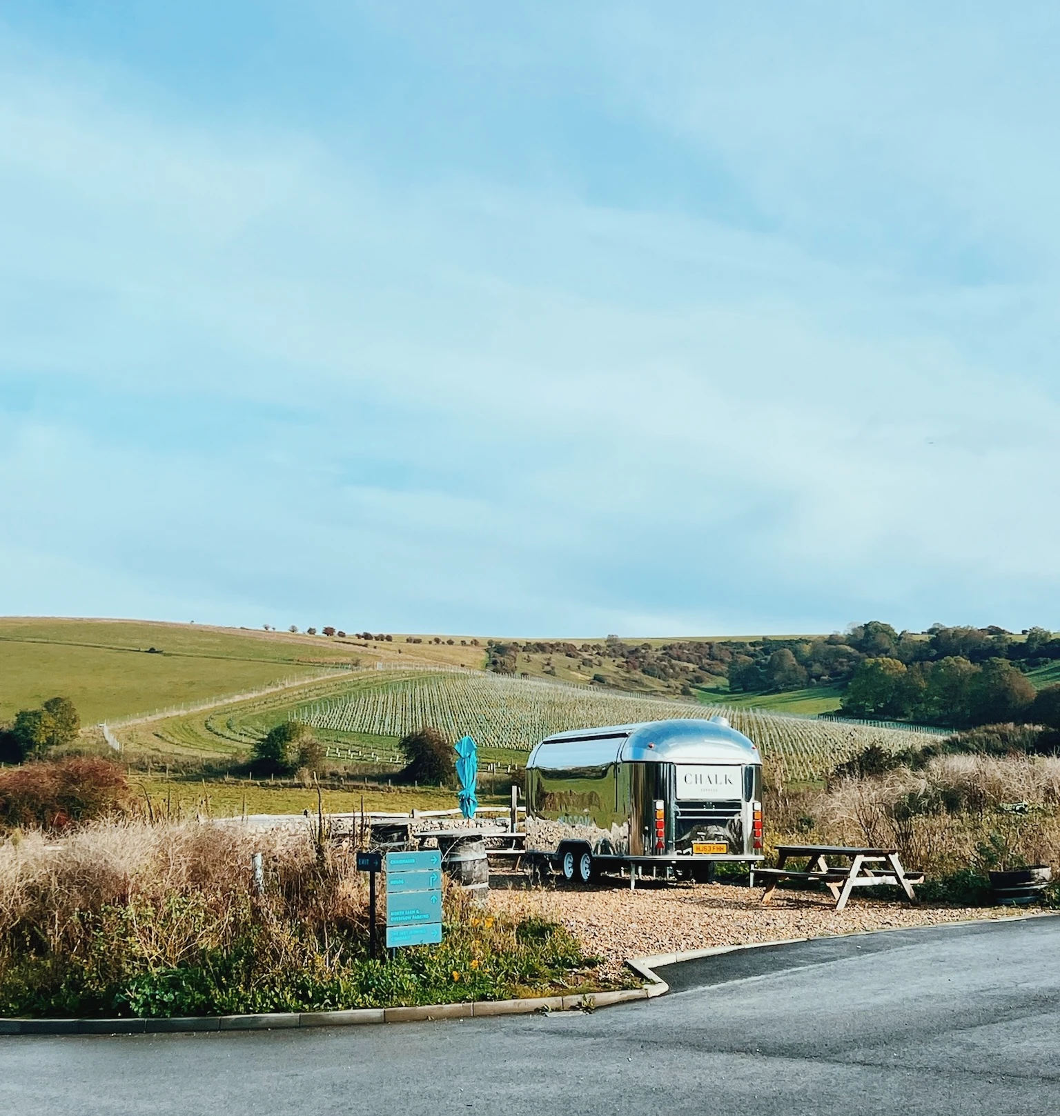 Vineyard landscape with rows of vines and a silver CHALK trailer