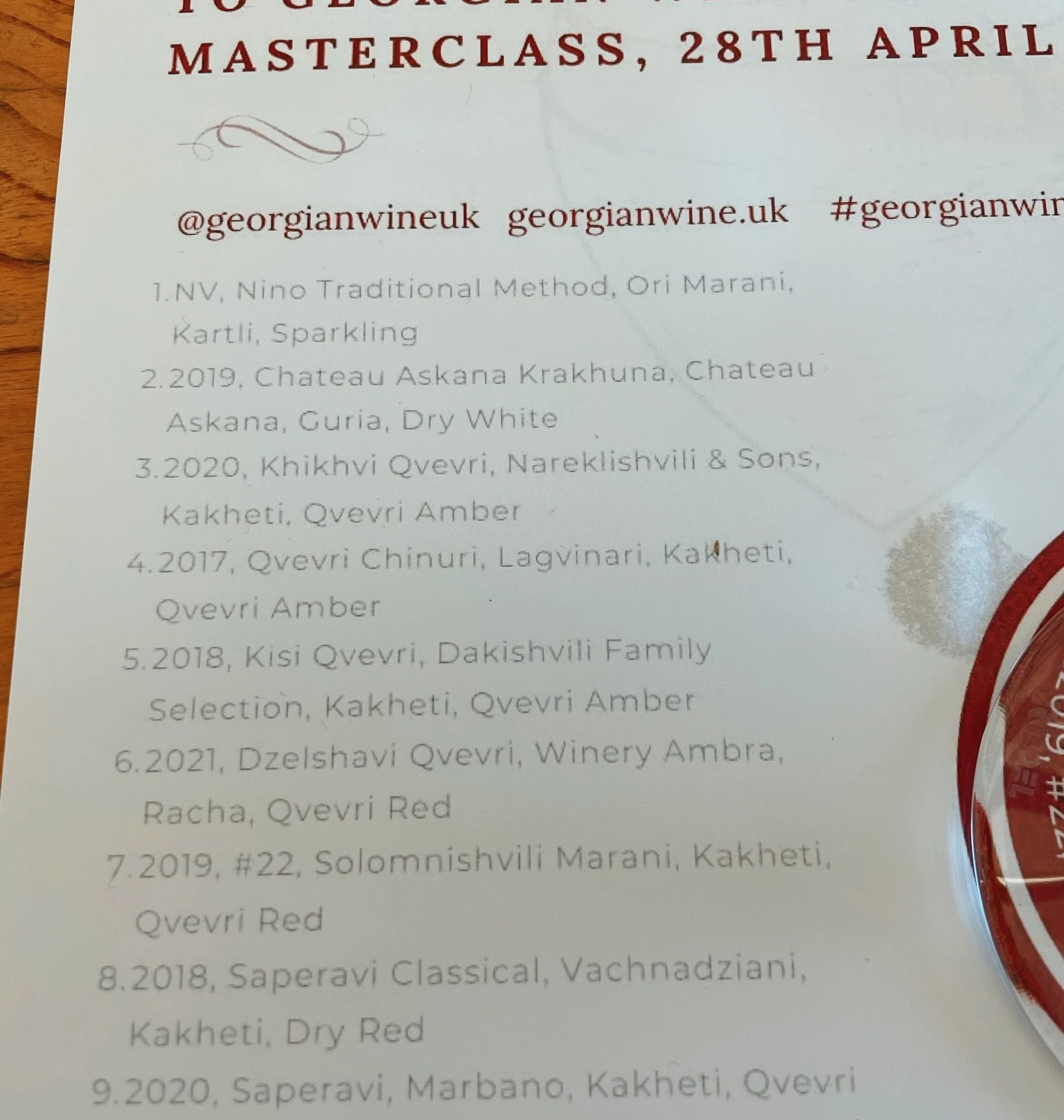 Welcome sheet for a Georgian wine trade masterclass, listing wines and producers