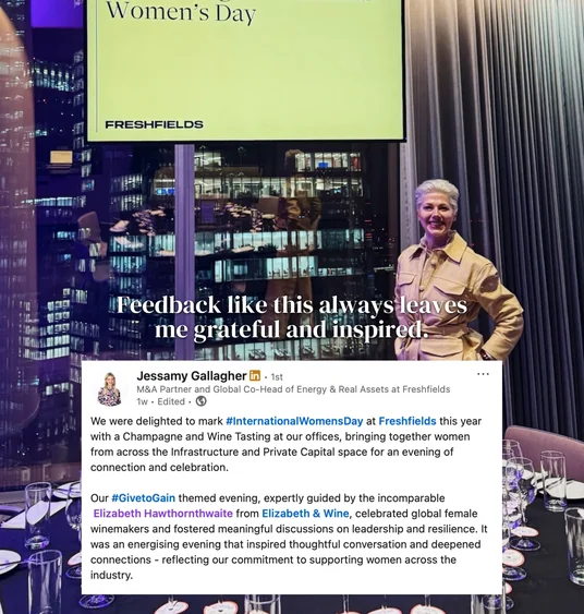 Women’s Day wine tasting setting with a Freshfields screen and a social media testimonial