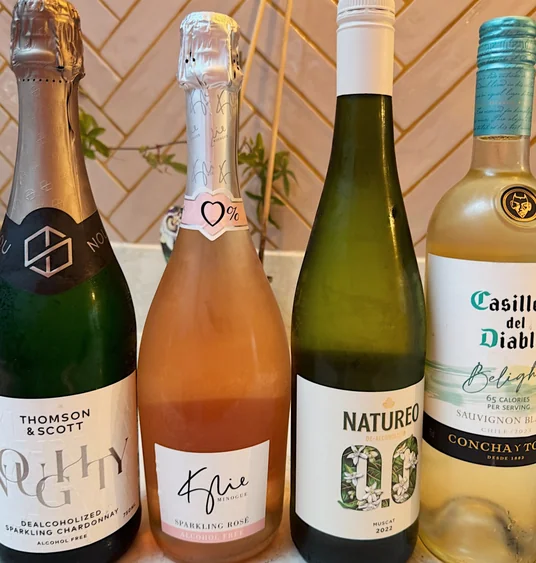 Four bottles of alcohol-free wine, including sparkling, rosé, white and Sauvignon Blanc