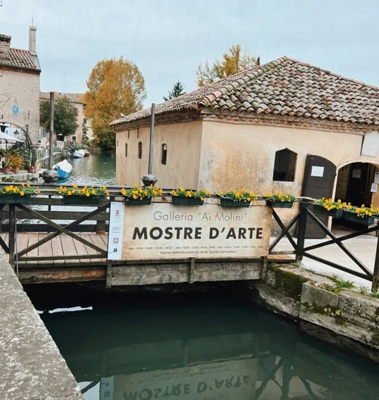 Canal beside a tiled-roof gallery displaying a Mostre d’Arte sign, with autumn trees and flower boxes
