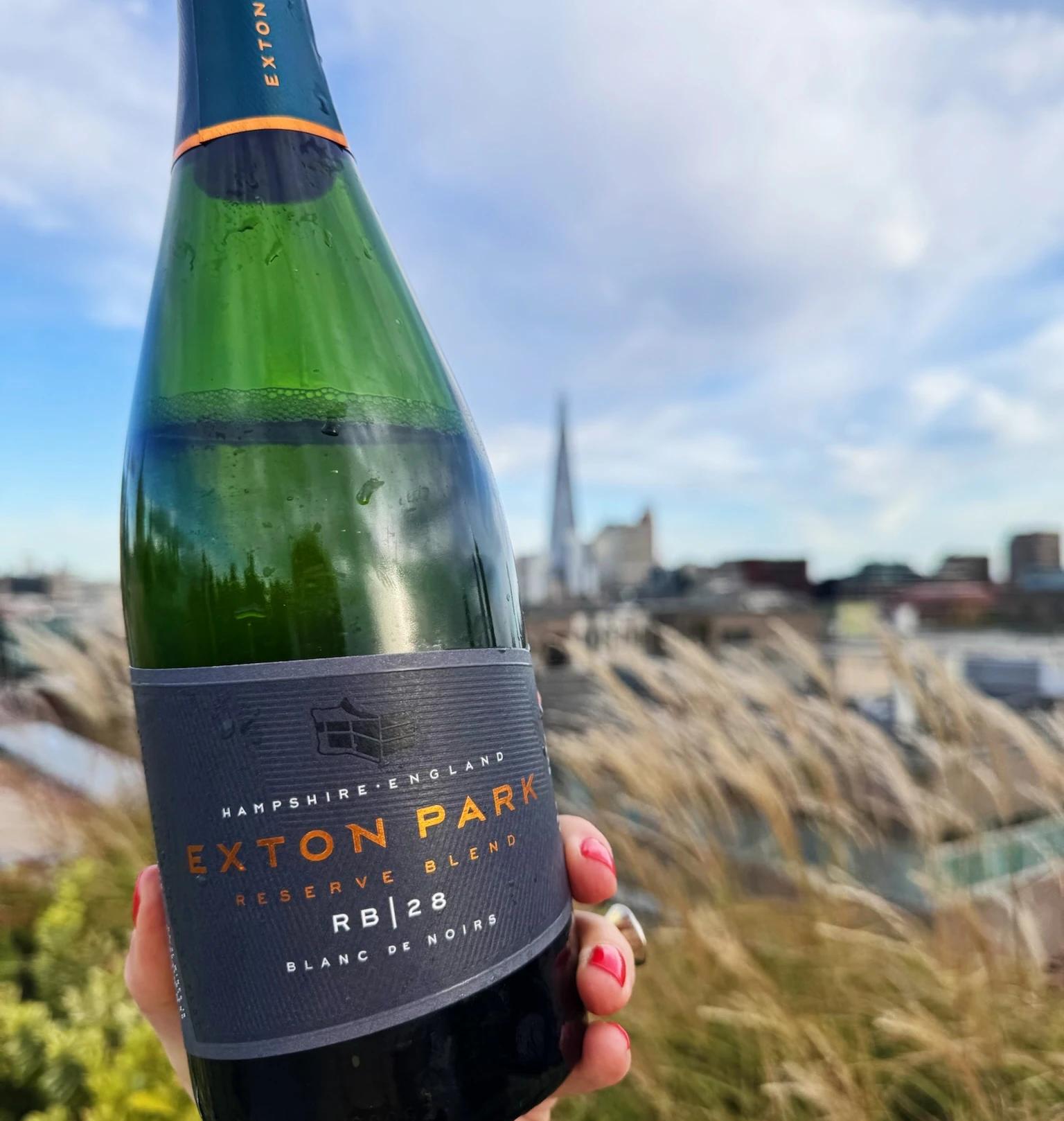 Bottle of Exton Park sparkling wine held up against a London skyline