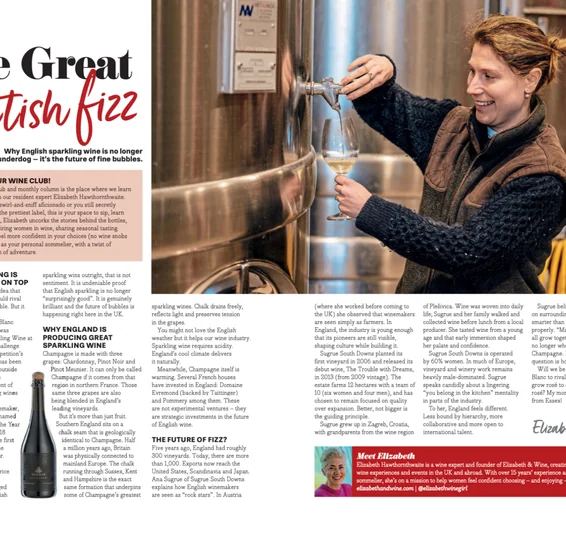 Magazine spread headed “The Great British Fizz”, with a woman sampling sparkling wine from a stainless steel tank