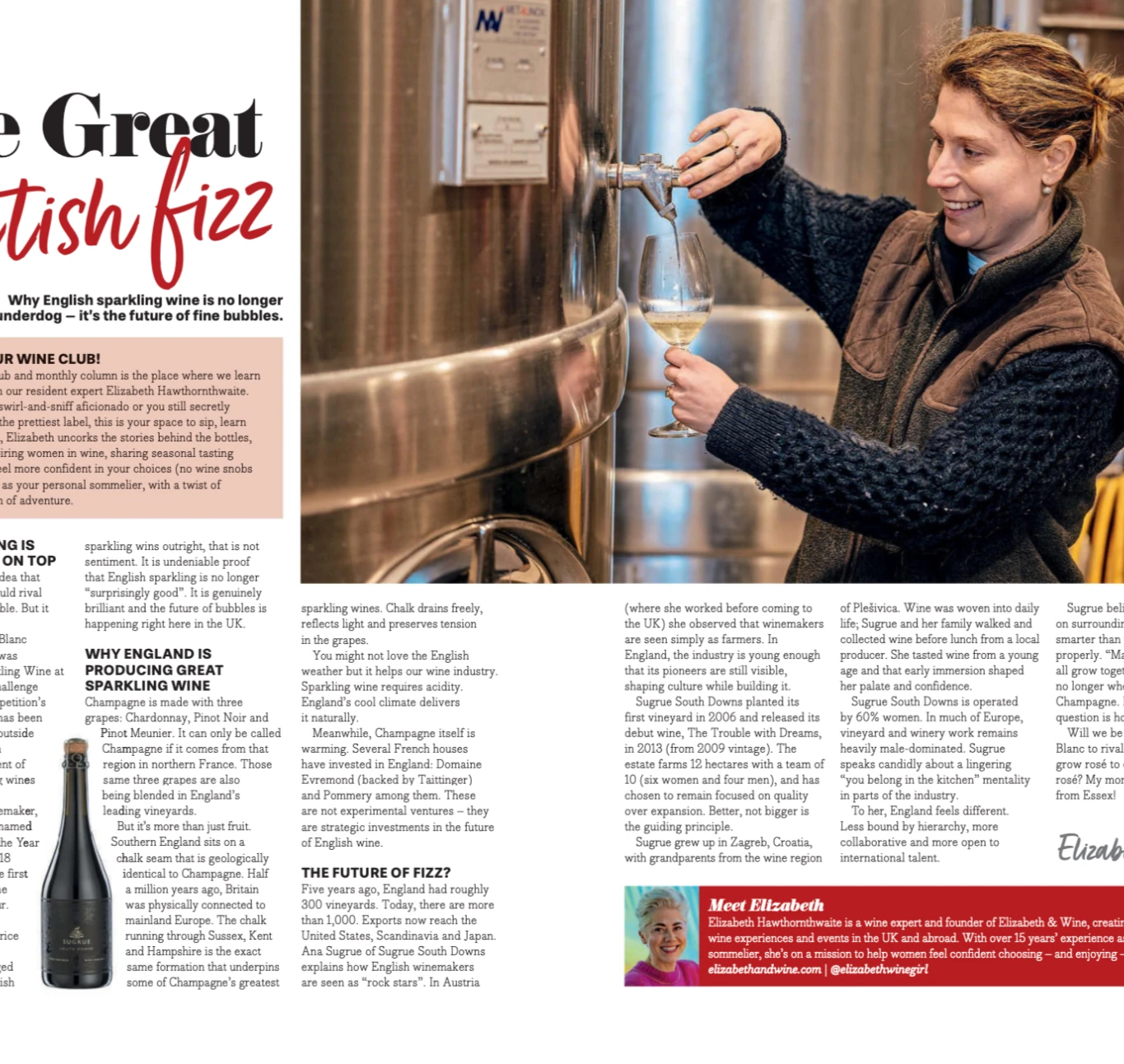 Magazine spread headed “The Great British Fizz”, with a woman sampling sparkling wine from a stainless steel tank
