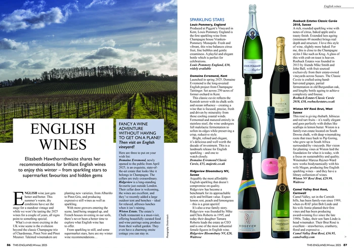 Magazine spread titled ‘English Wines’, with a vineyard landscape, wine recommendations and photographs of wine bottles.