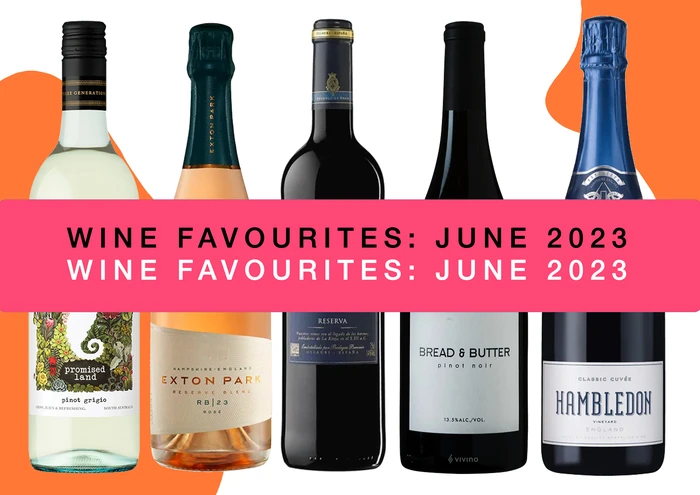 Assorted wine bottles with June 2023 favourites banner