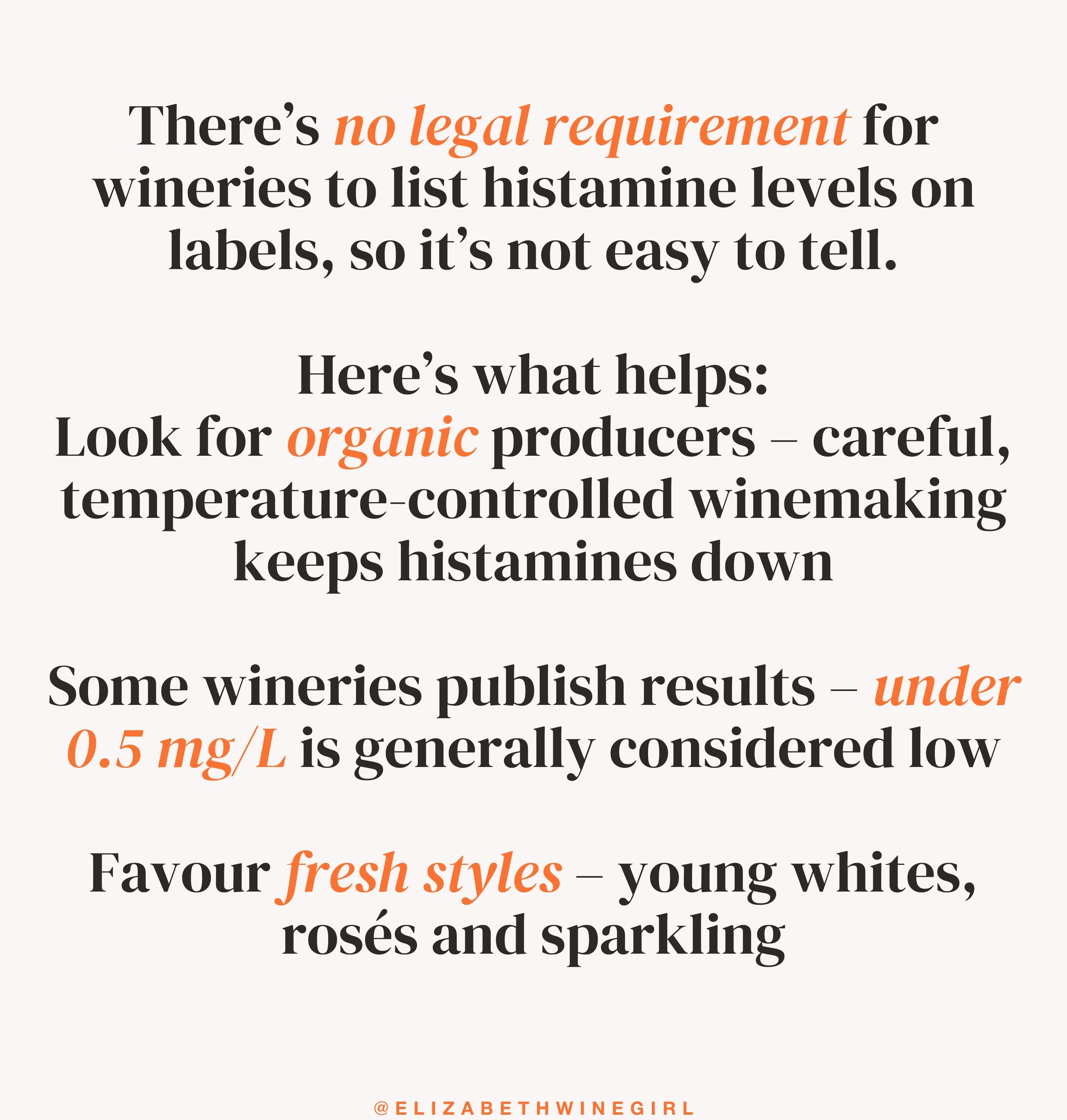 Graphic explaining wine histamine labelling, organic producers and fresh wine styles