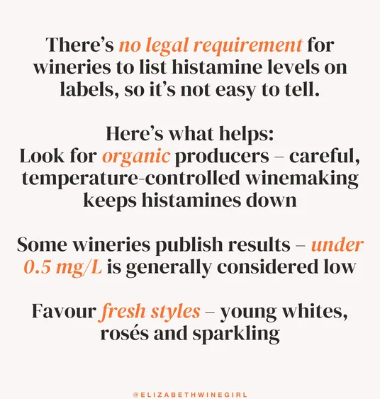 Graphic explaining wine histamine labelling, organic producers and fresh wine styles