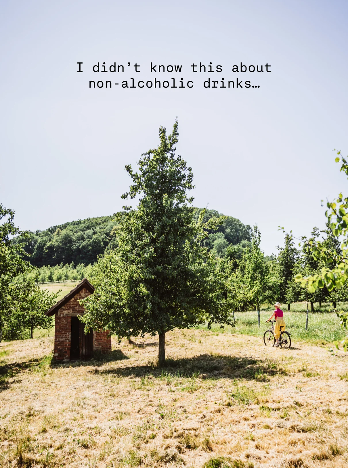 Woman cycling in sunny orchard with small brick shed and trees