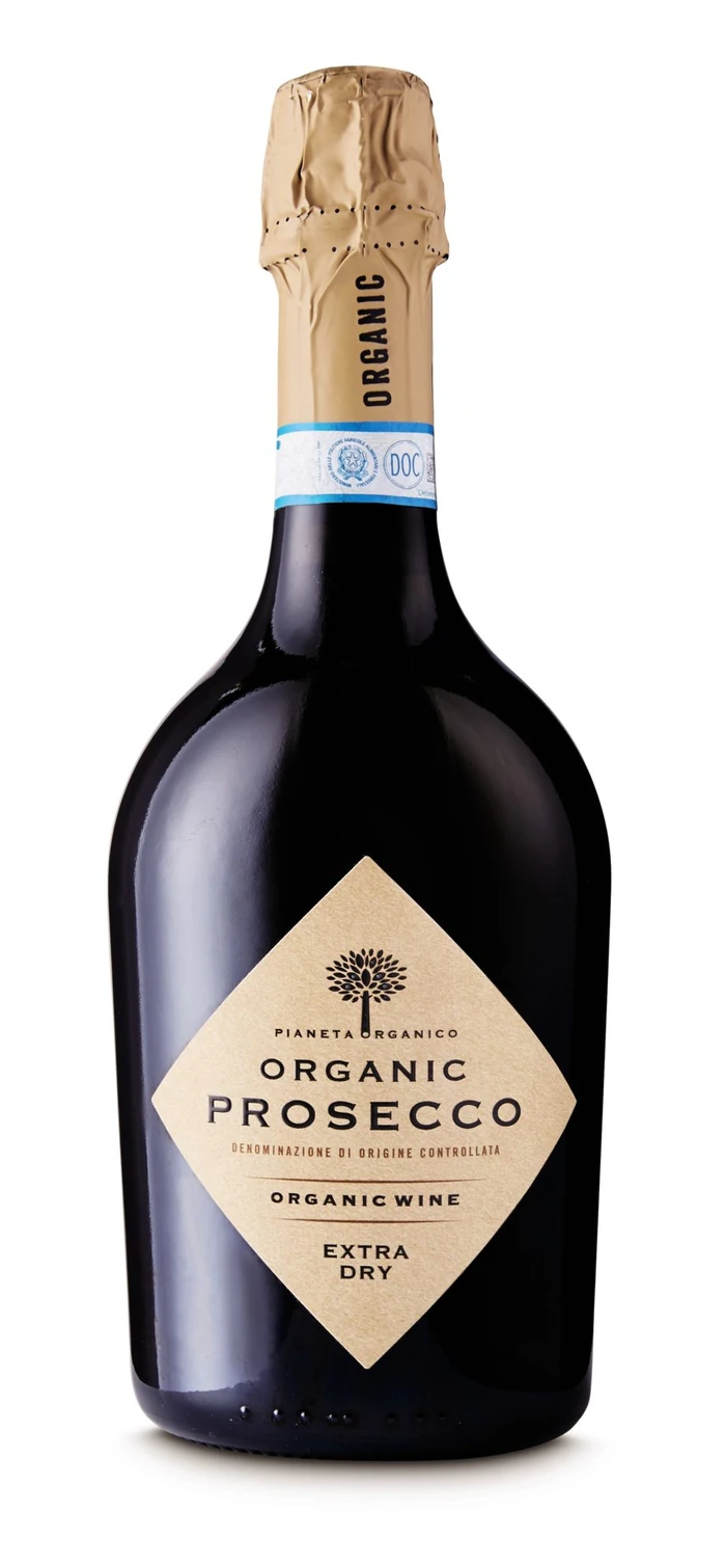 Bottle of organic Prosecco with gold foil and beige label