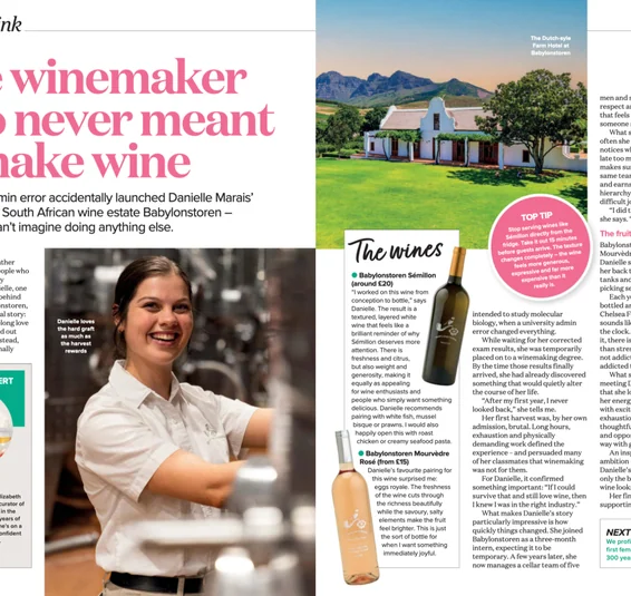 Magazine spread about winemaker Danielle Marais, featuring her portrait, Babylonstoren estate and two wine bottles