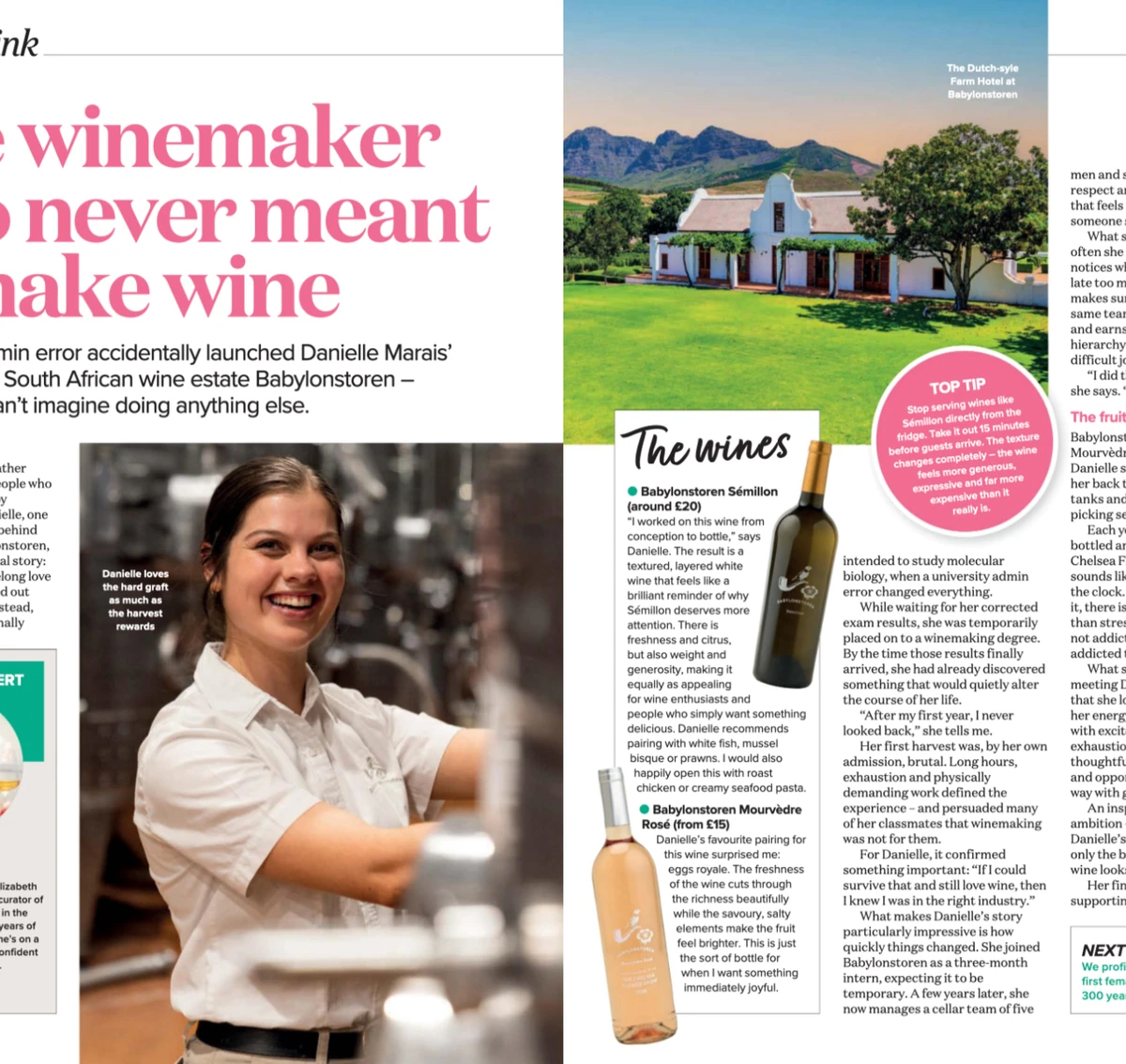 Magazine spread about winemaker Danielle Marais, featuring her portrait, Babylonstoren estate and two wine bottles