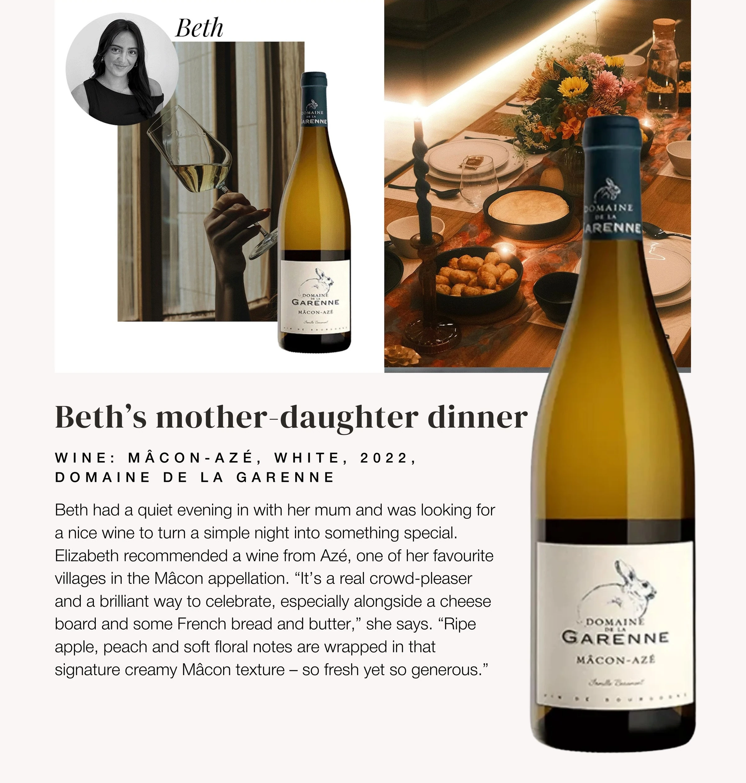 The Handbook page featuring Domaine de la Garenne Mâcon-Azé wine and a mother-daughter dinner