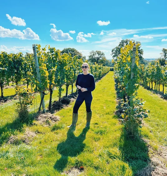 Elizabeth stands between rows of grapevines at an English vineyard under a bright blue sky.