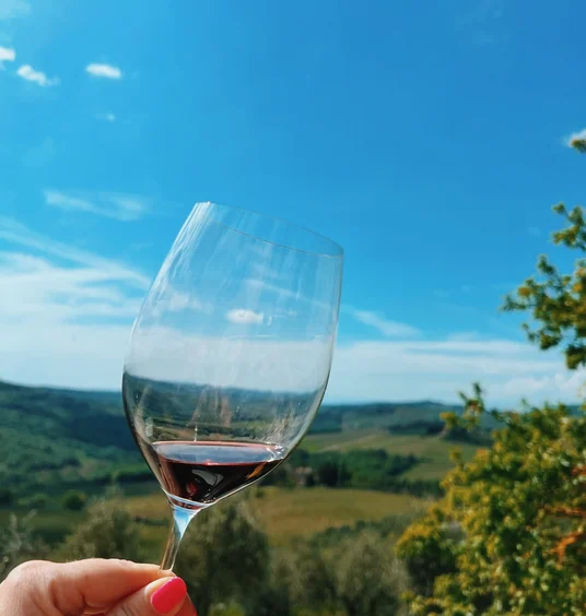 Hand holding a glass of red wine against rolling Tuscan vineyards beneath a bright blue sky