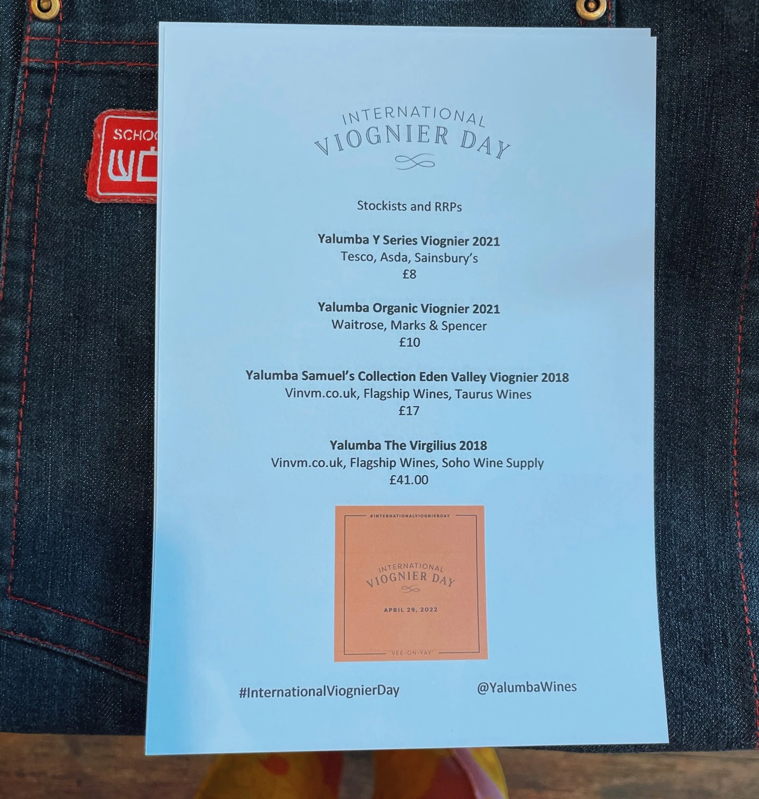 International Viognier Day tasting sheet listing four Yalumba wines and their stockists
