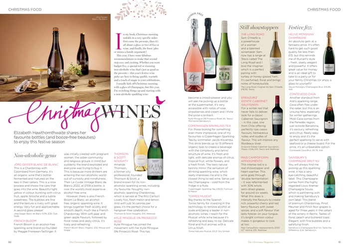 Two-page Christmas magazine spread titled Christmas Wines, featuring wine bottles and festive wine recommendations.