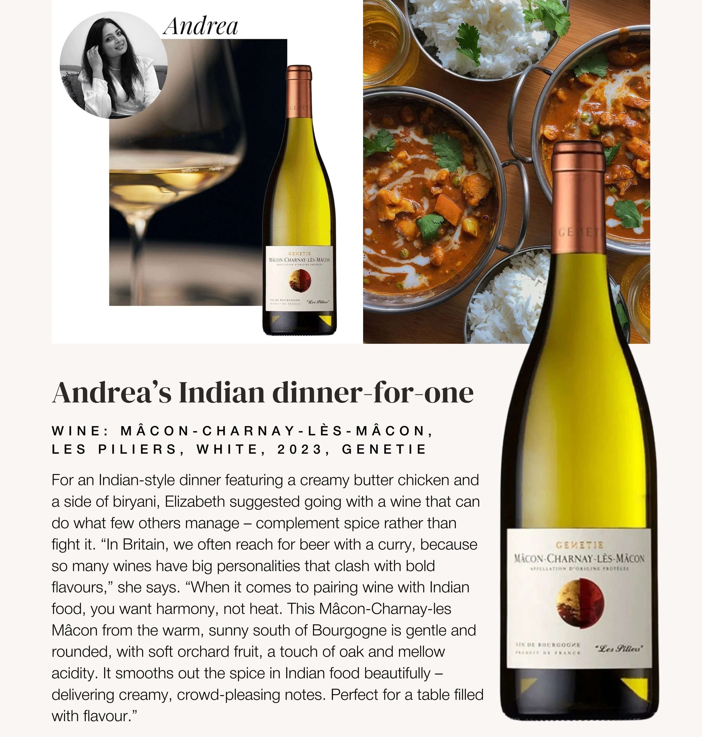 Editorial page pairing a white Burgundy wine with an Indian dinner