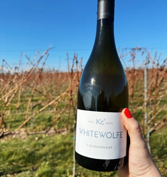 Whitewolfe Chardonnay bottle held in front of a vineyard under a clear blue sky