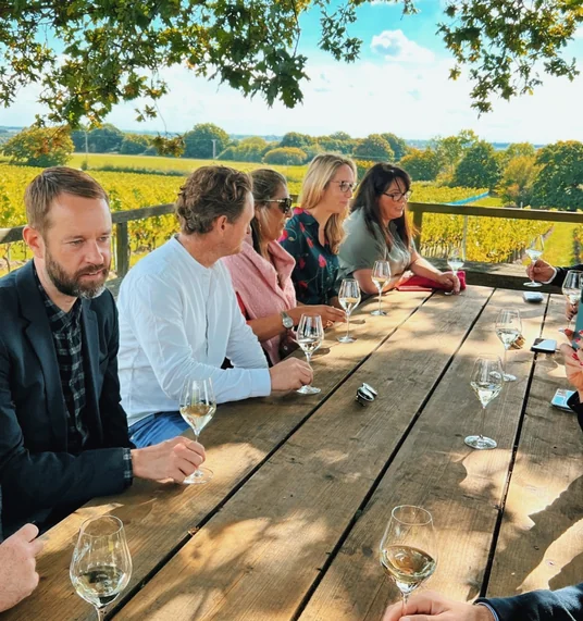Group tasting wine outdoors beside a vineyard, with glasses on a wooden table